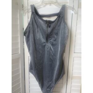 Beach CABANA 80s Vibe One Piece Silver Swimsuit Zipper Front Keyhole Back 22W